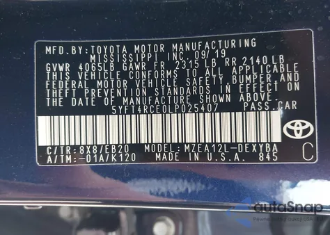 2020 Toyota Corolla Xse из США, поврежденный, VIN 5YFT4RCE0LP025407